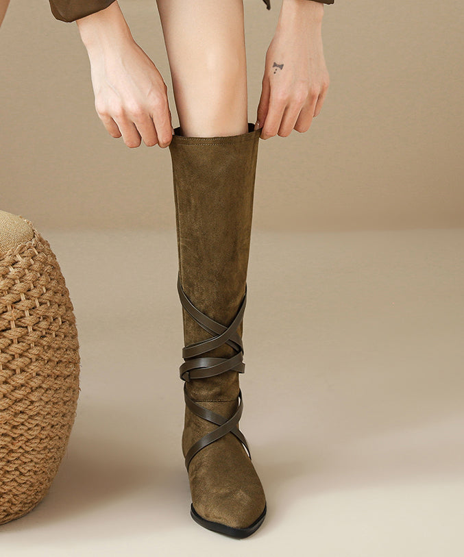 Khaki Suede Splicing Boots Lace Up Pointed Toe