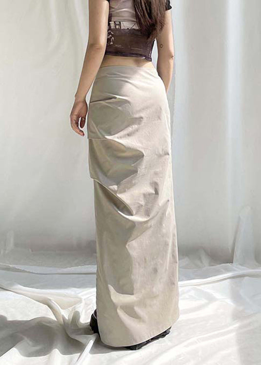 Khaki Wrinkled Side Open High Waist Patchwork Cotton Skirts Fall