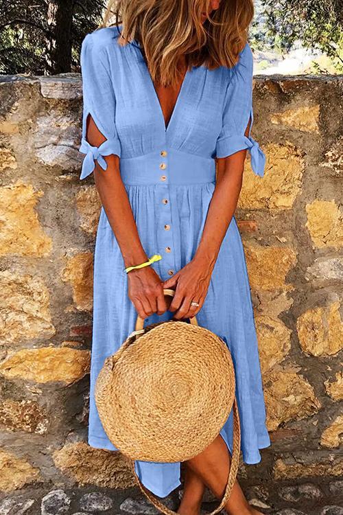 Vacation Button Knot Sleeve Dress