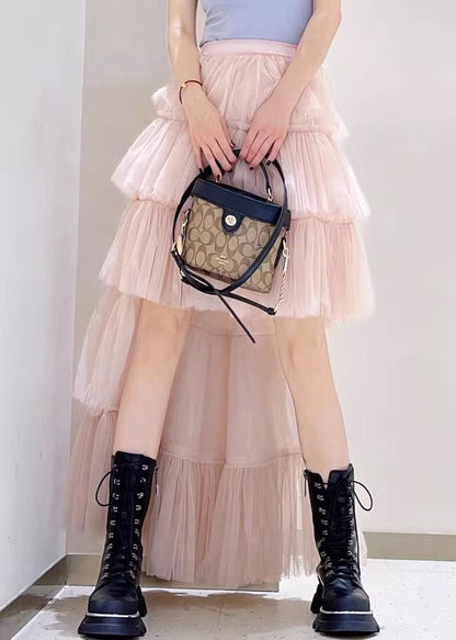 Pink Low High Design High Waist Tulle Skirts Spring