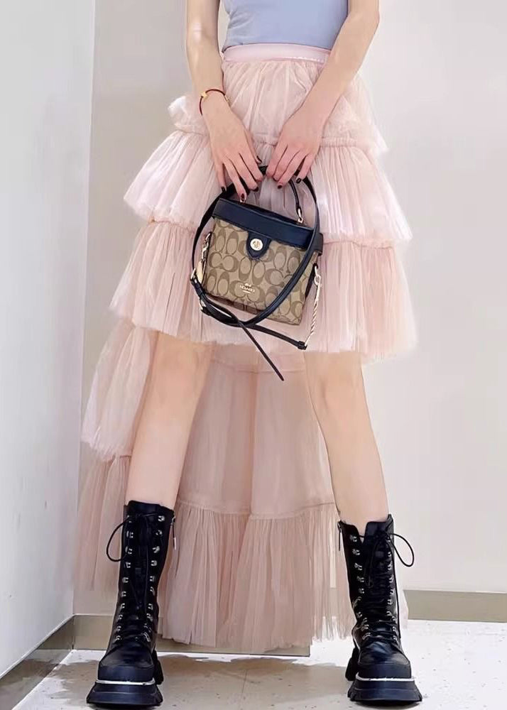 Pink Low High Design High Waist Tulle Skirts Spring