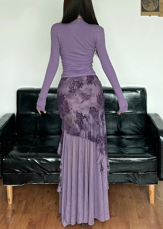Novelty Purple Lace Up Tulle Patchwork Tops and Skirts Two-piece Set Spring