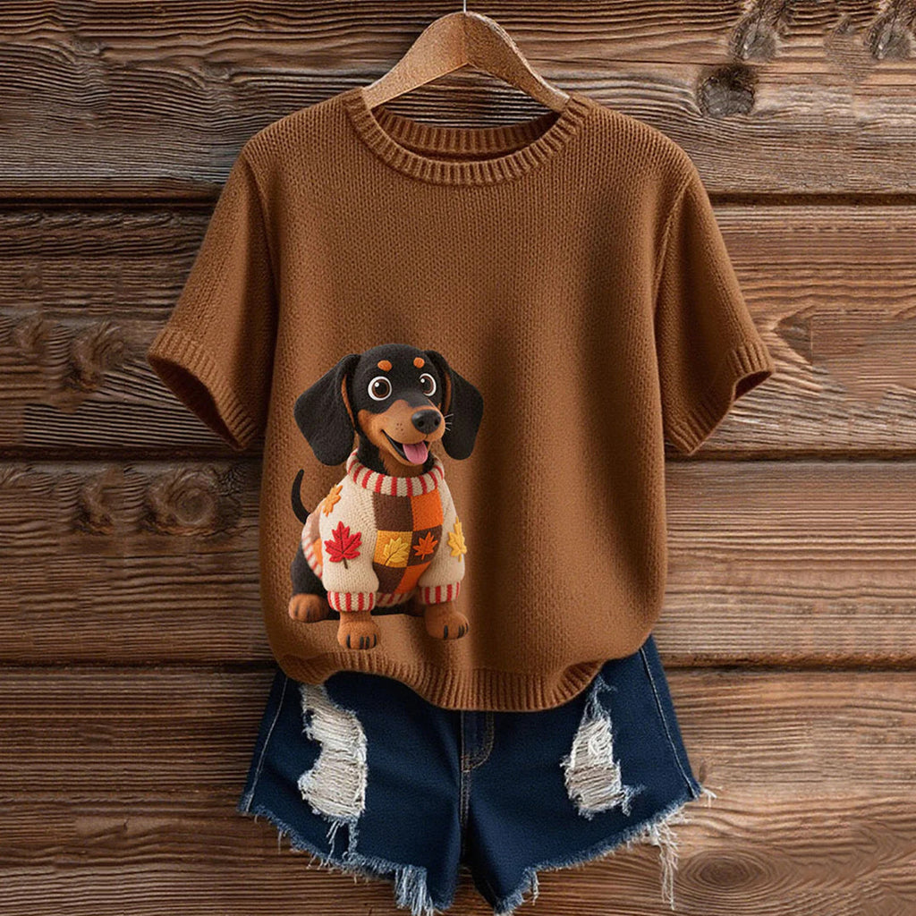 Comstylish Vintage Dachshund With Felt In Autumn Inspired Embroidered Short Sleeve Cozy Knit Sweater