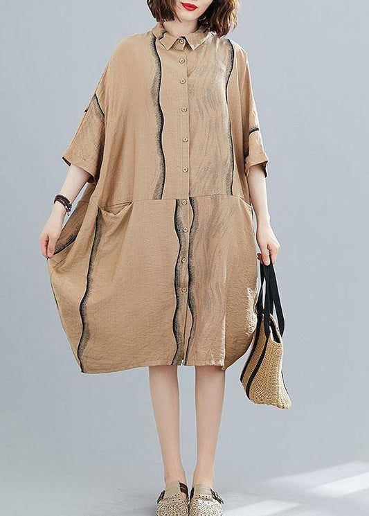 Classy Khaki Patchwork Pockets Summer Half Sleeve Holiday Dress