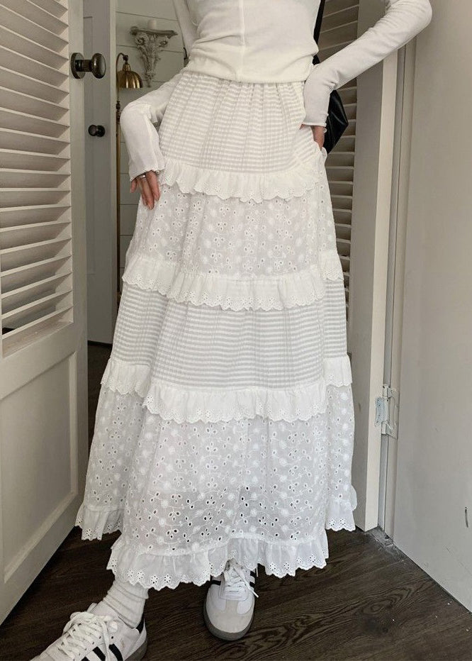 White Ruffled Hollow Out Cotton Skirts Summer