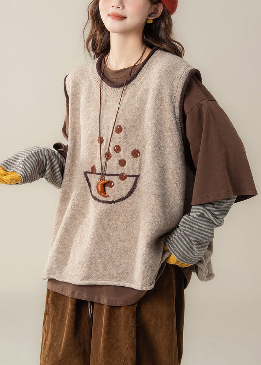 Apricot Jacquard Knit Vest and Coffee T Shirt Patchwork Two Piece Set
