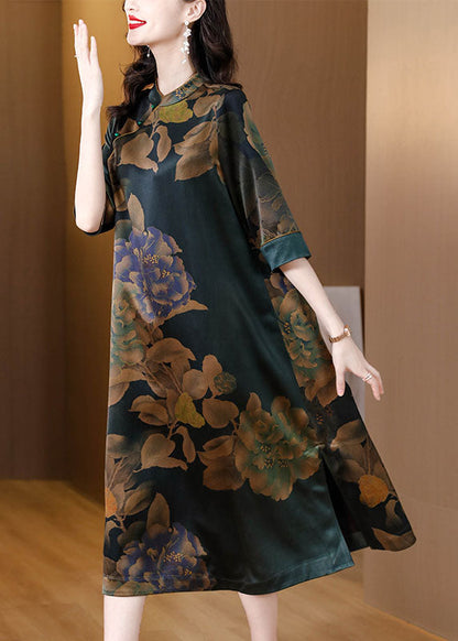 Stand Collar Print Button Silk Long Dress Fall