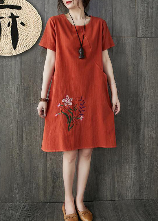 Orange O-neck Embroidered Pocket Linen Dresses Short Sleeve
