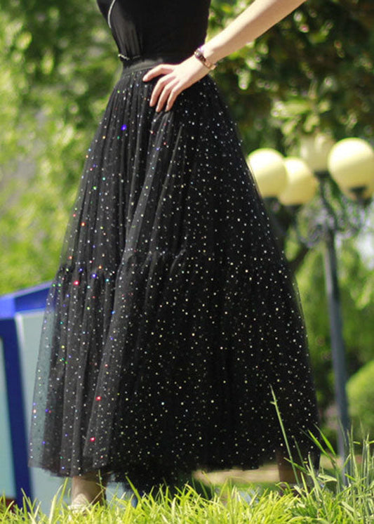 Black Sequins Patchwork Tulle Skirt Spring