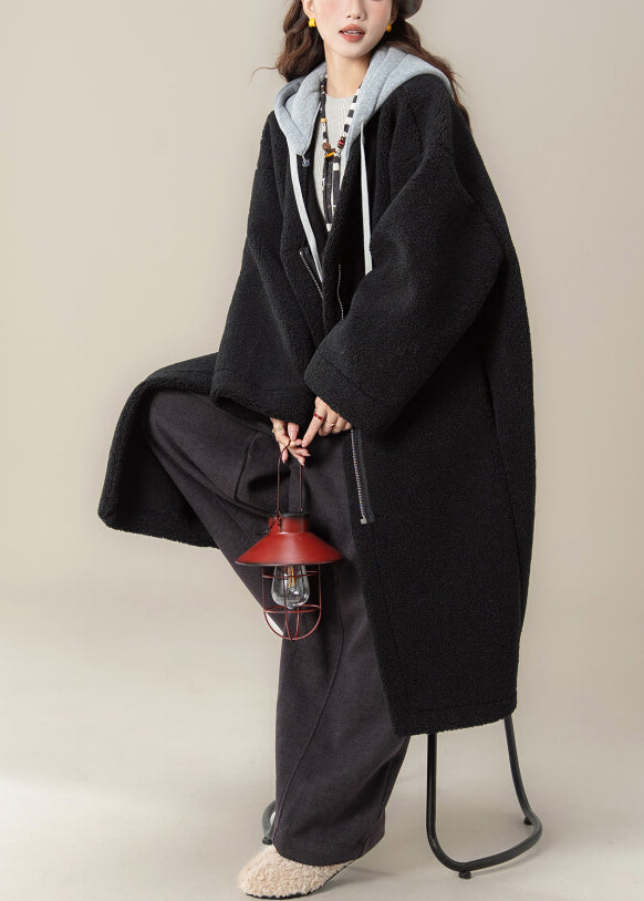 Black Hooded Zippered Patchwork Teddy Faux Fur Coat Winter