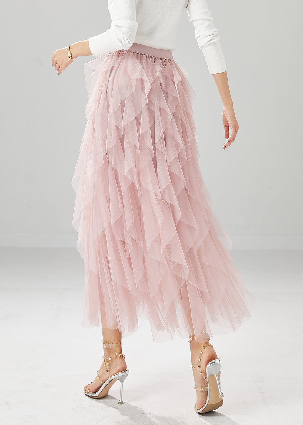 Pink High Waist Ruffles Tulle Skirt Summer