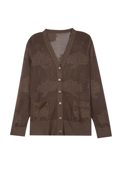 Khaki Hollow Out Embroidered Patchwork Thin Knit Cardigan Fall