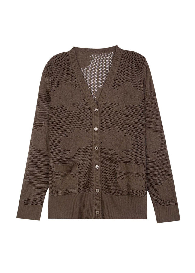 Khaki Hollow Out Embroidered Patchwork Thin Knit Cardigan Fall