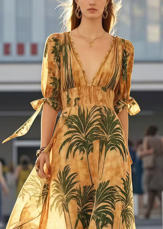 Khaki V Neck Print Cotton Holiday Dresses Summer