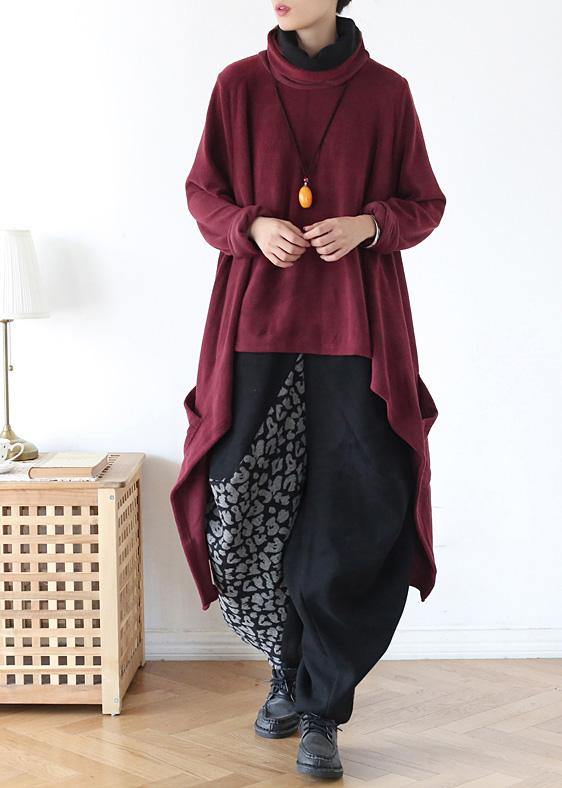 High Neck Red Knit Sweat Tops Clothing Asymmetric Hem Knit Blouse