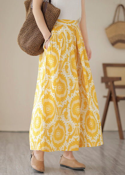 Yellow High Waist Pockets Print Crop Pants Skirt Summer