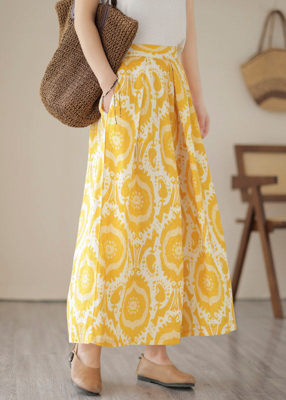 Yellow High Waist Pockets Print Crop Pants Skirt Summer