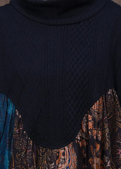 Blue Patchwork Coffee Turtleneck Print Silk Maxi Dress Long Sleeve