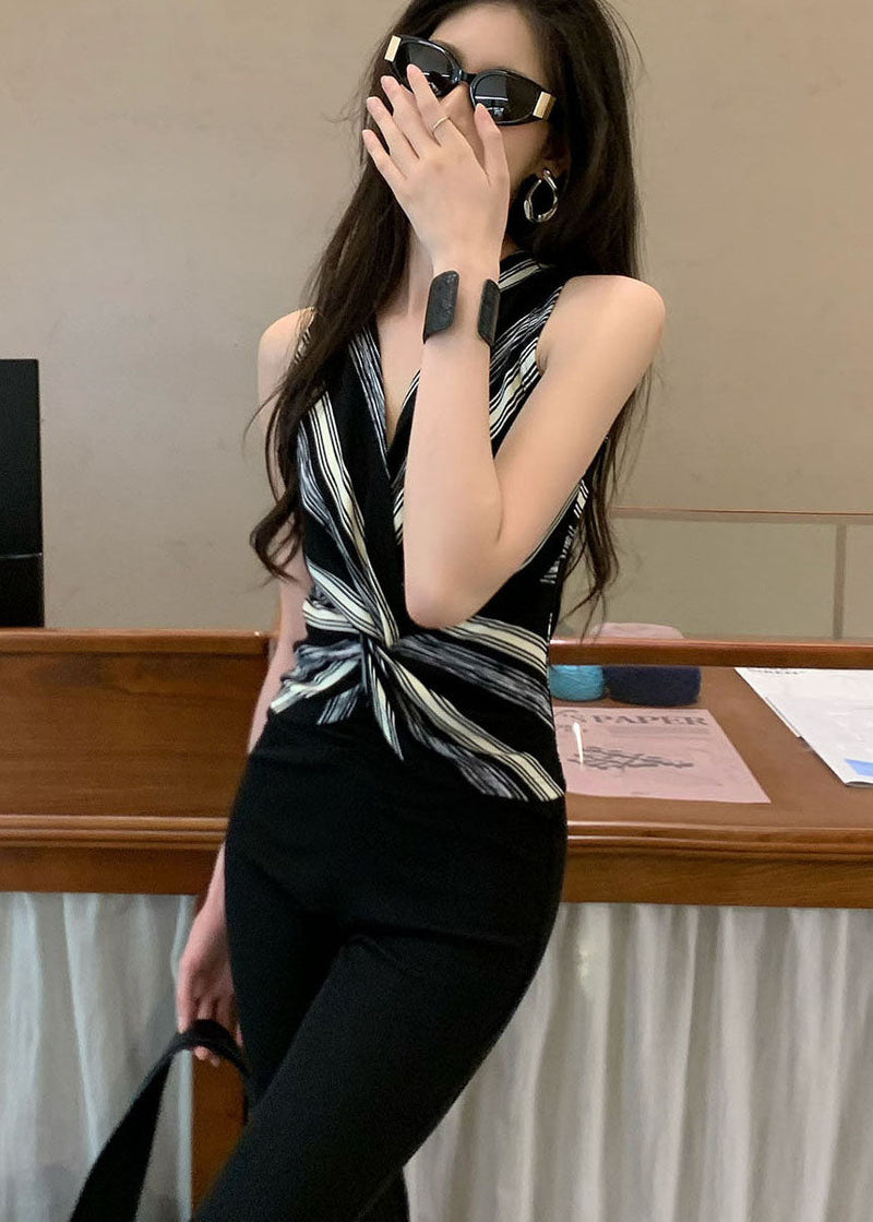 Black Asymmetrical Striped Cotton Halter Tops Summer