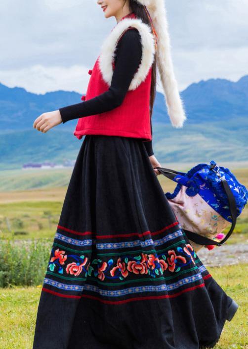 Diy Black Cotton Quilting Clothes Pleated Tunic Embroidery Skirt