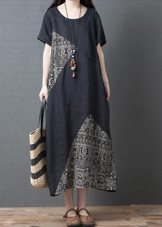 Loose Black O-neck Patchwork Pockets Summer Holiday Dress Short Sleeve
