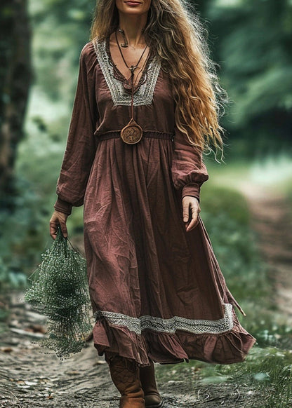 Coffee V Neck Patchwork Cotton Long Dress Spring