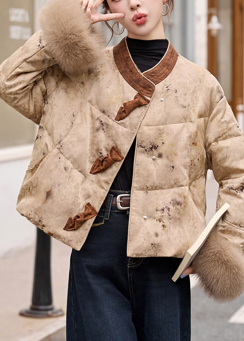 Khaki Print Patchwork Fox Fur Duck Down Winter Coats