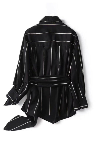 Black Peter Pan Collar Striped Lace Up Linen Tops Fall