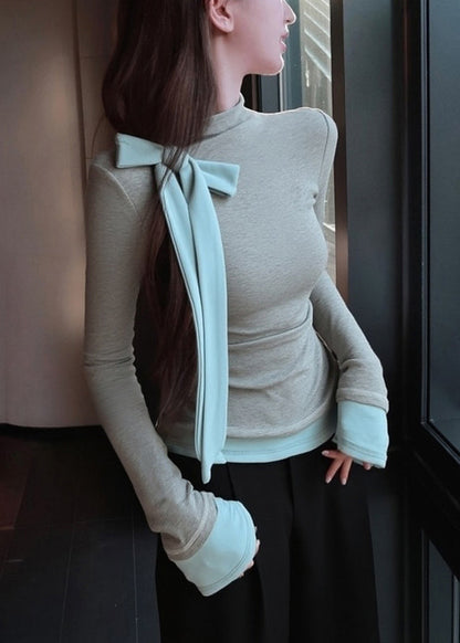 Grey Bow Patchwork Slim Fit Cotton T Shirts Fall