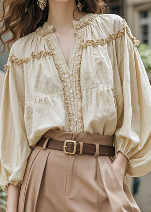 Apricot V Neck Ruffled Patchwork Cotton Shirt Fall