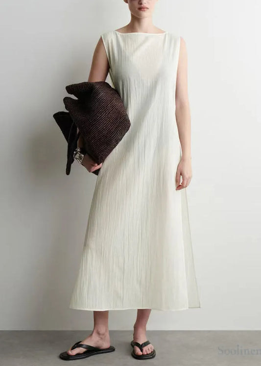 White Backless Side Open Cotton Robe Dresses Sleeveless