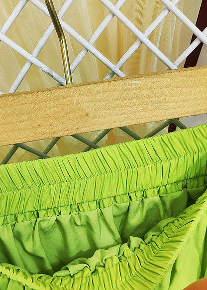 Green Elastic Waist Bow Ruffles Side Open Cotton Skirt Summer