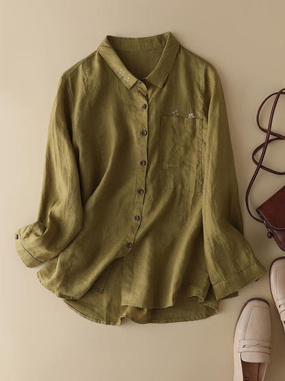 100% Linen Print Lapel Shirt in One-size in Color