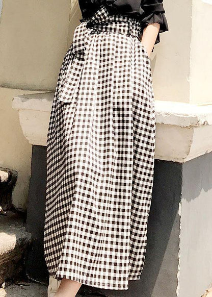 Natural Black White Plaid Bow a Line Summer Skirt Cotton