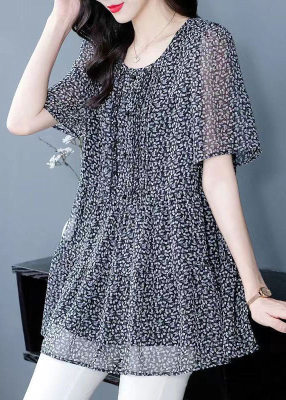 O Neck Wrinkled Patchwork Chiffon T Shirt Top Summer