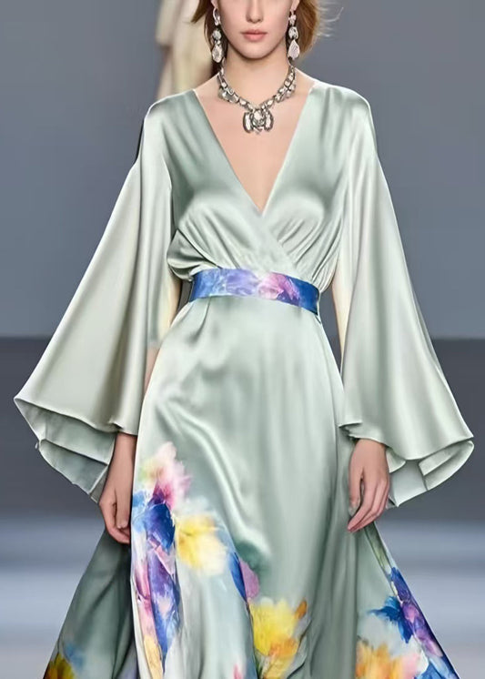Art Light Green Exra Large Hem Silk Tunic Dress Flare Sleeve
