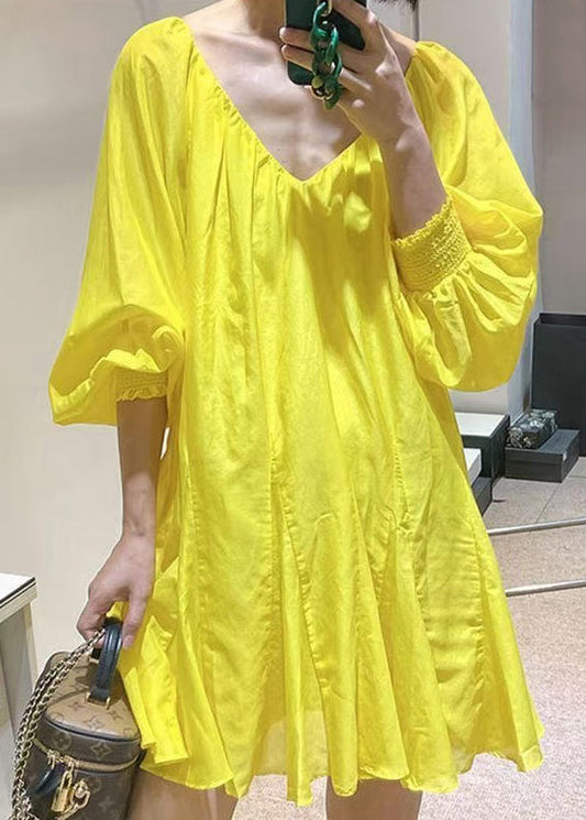 New Yellow V Neck Lace Up Cotton Mini Dress Spring