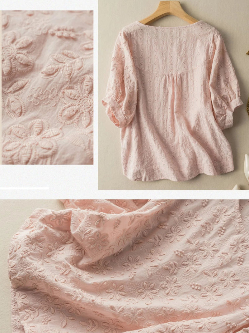 Embroidered Round Neck Half Sleeve Linen Tee Top
