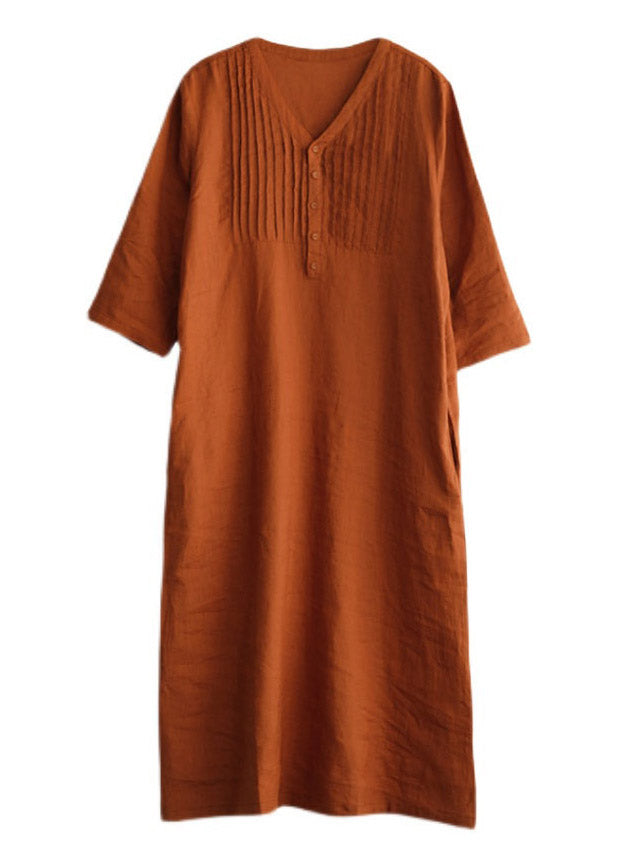 Orange Loose Linen Long Dresses Button Half Sleeve