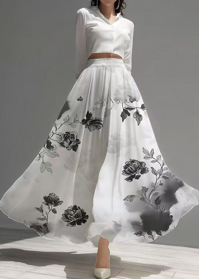 White Print Draping Chiffon a Line Skirts Summer