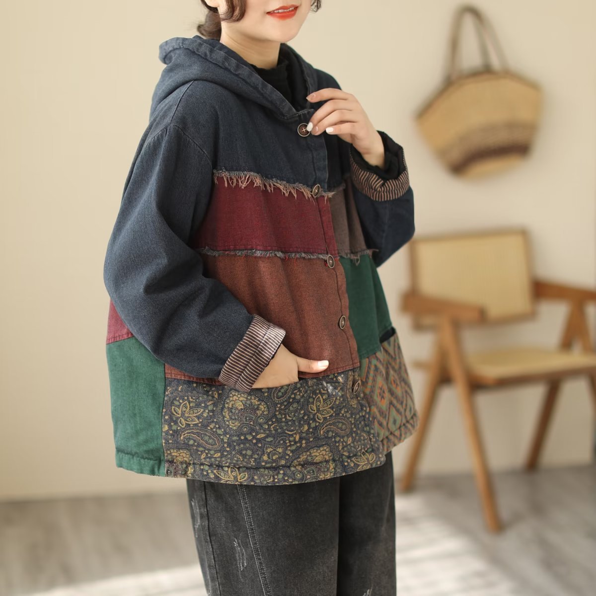 Padded Thick Loose Colorblock Denim Jacket