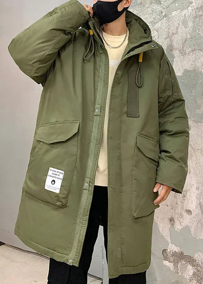 Loose Army Green Hooded Zippered Pockets Duck Down Down Coats Winter