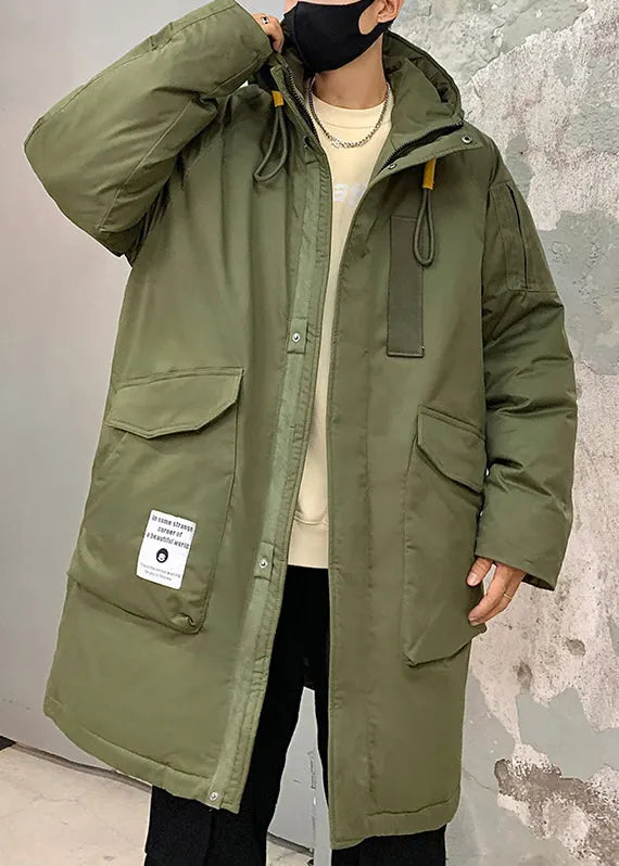 Loose Army Green Hooded Zippered Pockets Duck Down Down Coats Winter