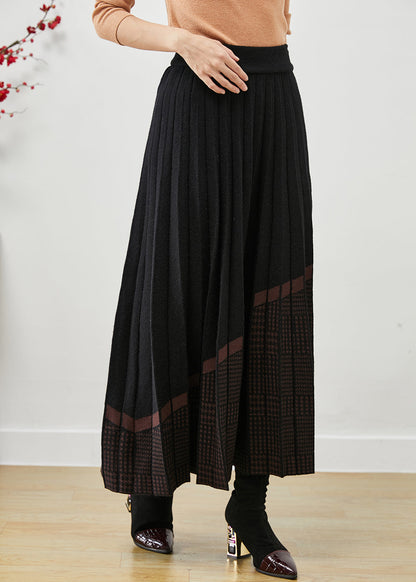 Black Elastic Waist Print Woolen Pleated Skirt Fall