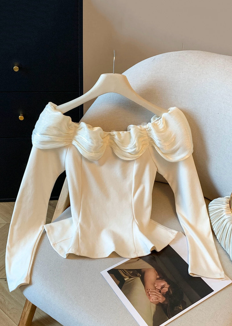 Slim Fit Apricot Wrinkled Patchwork Cotton T Shirt
