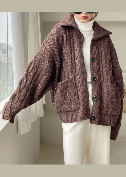 Coffee Peter Pan Collar Button Knit Winter Coat