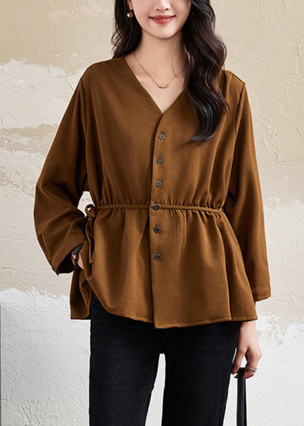Coffee V Neck Button Lace Up Cotton Shirt Top Fall