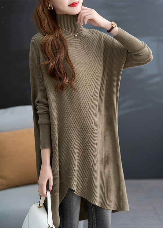 Khaki Green Hign Neck Asymmetrical Knit Sweater Fall
