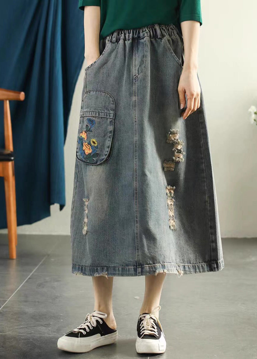 Light Blue Embroideried Patchwork Cotton Long Skirt Summer