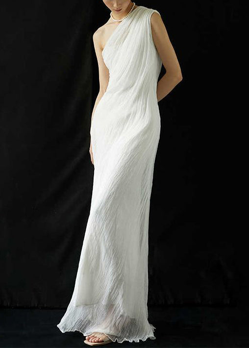 Art White Cold Shoulder Wrinkled Silk Maxi Dress Summer